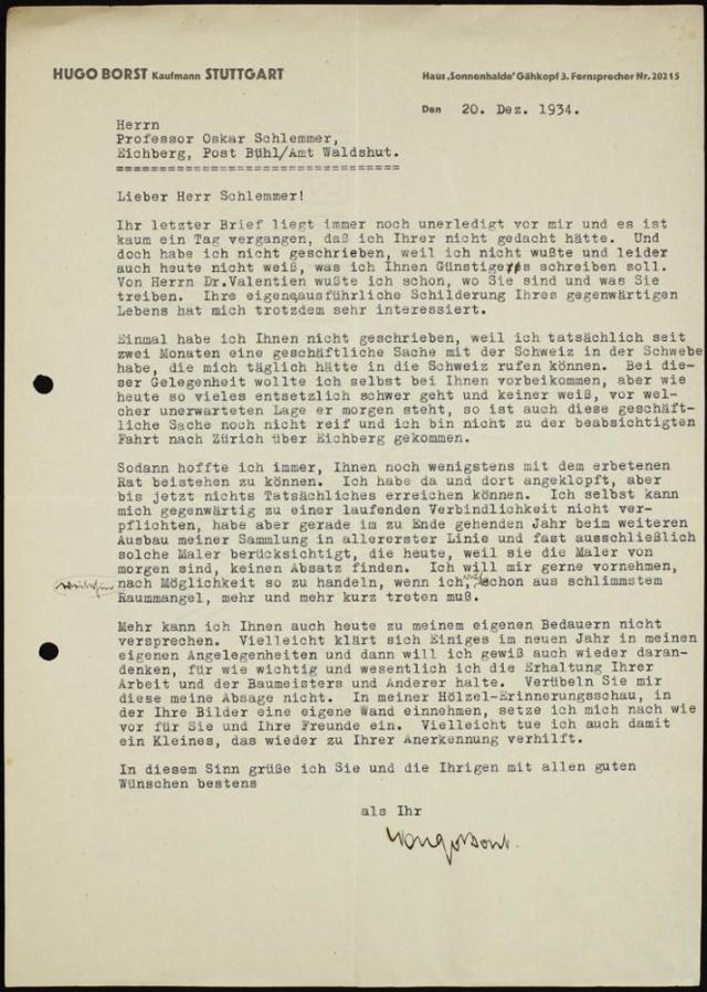 Lieber Herr Schlemmer! Ihr letzter Brief liegt immer noch... Staatsgalerie